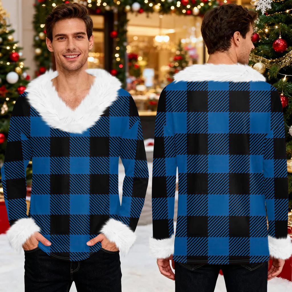 Men's Christmas Printed Fleece Lined Hoodie | Faux Trim Party Sweatshirt With Pocket | Plus Size Loose Fit Holiday Pullover