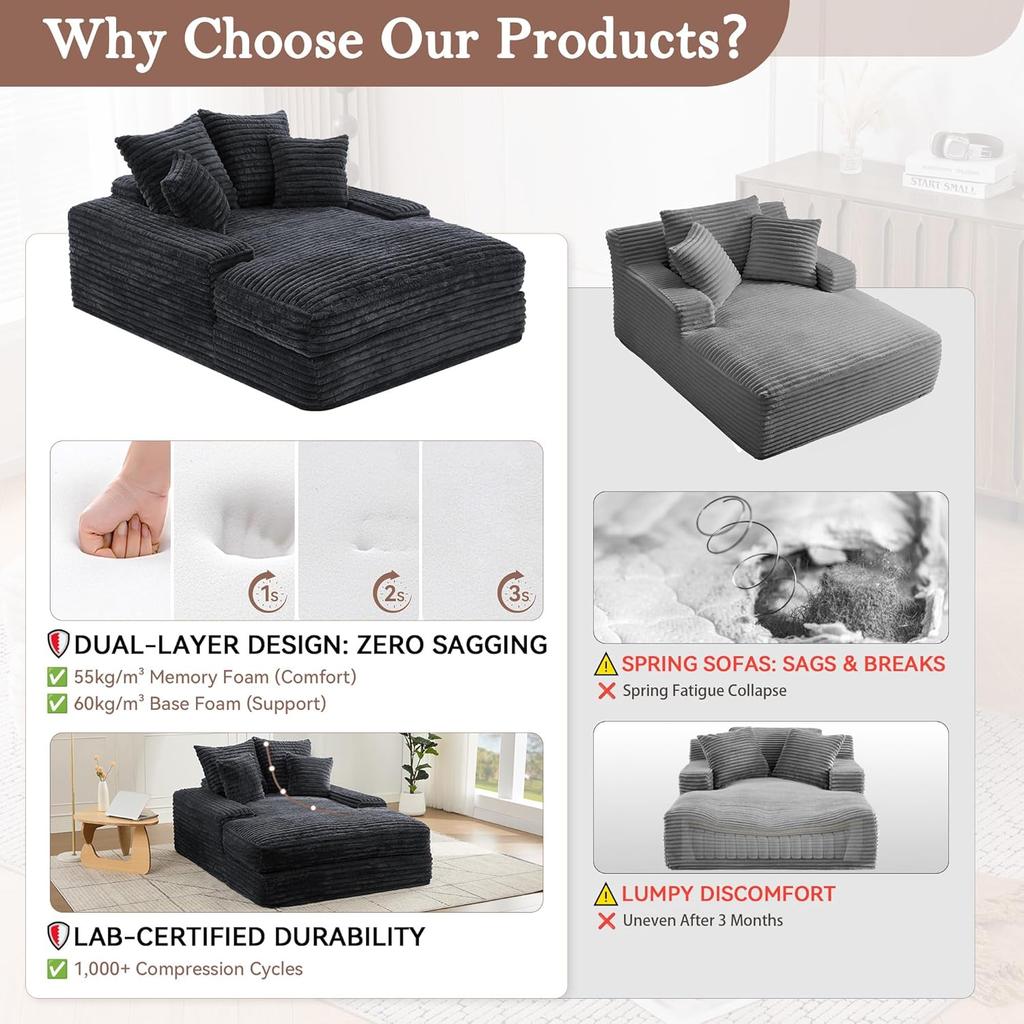 Oversized Chaise Lounge Chair Upholstered Cozy Corduroy Sleeper Sofa Bed Wide Armrests High-Density Foam No