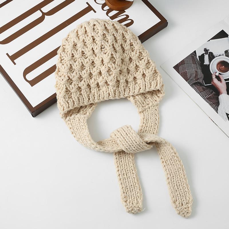 Hat for Women In Autumn and Winter Retro Rough Twill Handmade Knitted Hat Outdoor Cold Warm Hat Versatile Casual Pullover Hat Korean