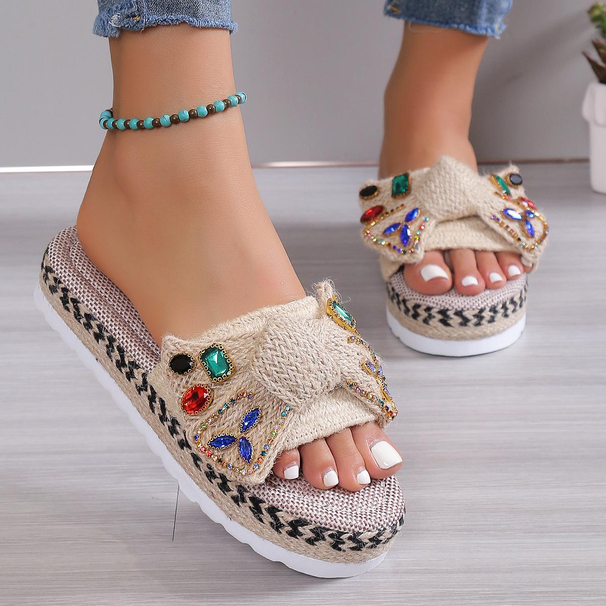 

European and American ethnic style foreign trade large size women thick bottom fish mouth hemp rope gem color slippers 2025 new 2025 36