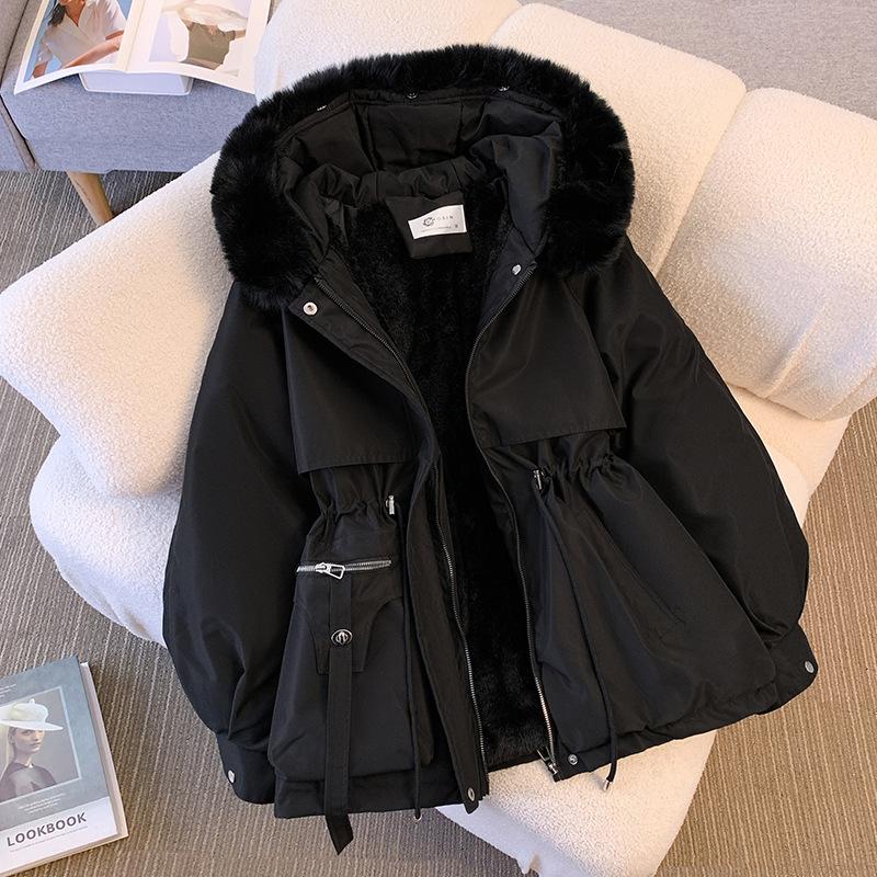 Autumn Winter Parkas Coat Women's Cotton-Padded Plush Warm Coat Women's Long Sleeve Zipper Hooded Drawstring Parkas