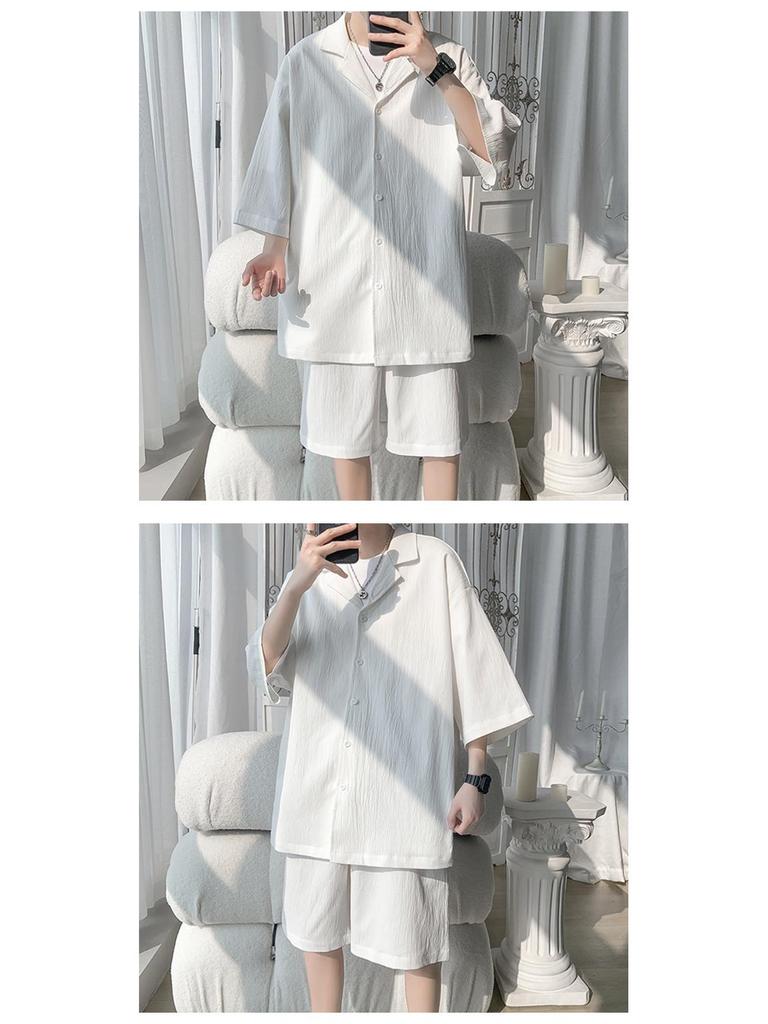 Men's Hong Kong Style Casual Short Sleeve Shirt & Loose Sports Shorts Two-Piece Set