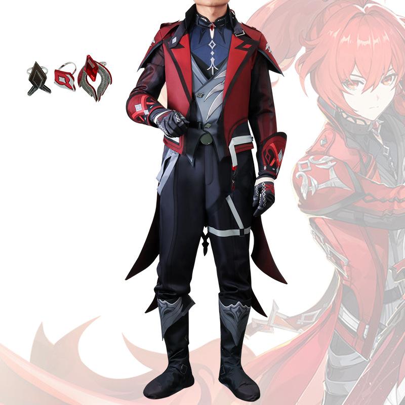 New Game Diluc New Costume Full Set Red Coat Pants Unisex Adult Game Cosplay Costume Halloween Party Unifrom Wig