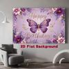 2D Whimsical Purple Butterfly Birthday Backdrop with Flowers Photo Booth Banner