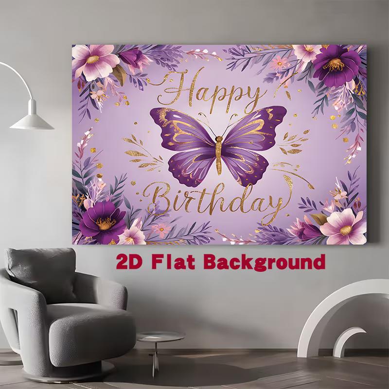 2D Whimsical Purple Butterfly Birthday Backdrop with Flowers Photo Booth Banner