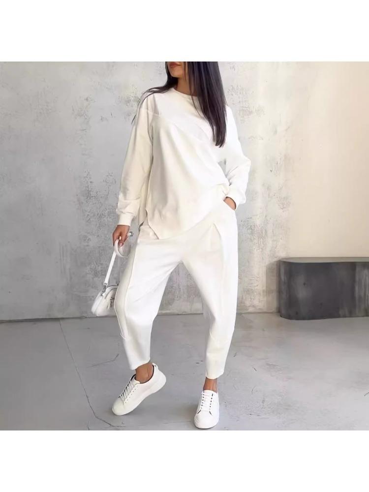 Women's Streetwear Comfortable Casual Workwear-Style Round-Neck Loose-Fit Asymmetrical Long-Sleeve Top and Trousers Set