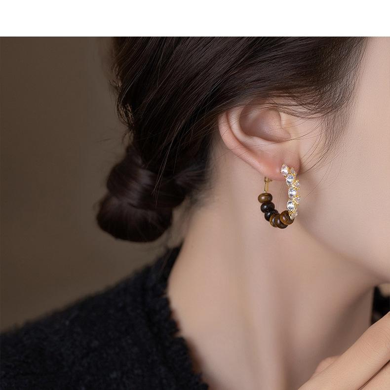 Silver Needle Retro Tiger Eye Zircon Round Earrings - Maillard Style Luxury Studs.