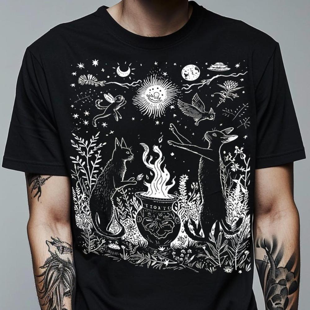 Vintage Celestial Cat TShirt Witchy Dark Cottagecore Goth Woman Man Graphic T Shirts Retro Gothic Cool Creative Cotton Tops Tee