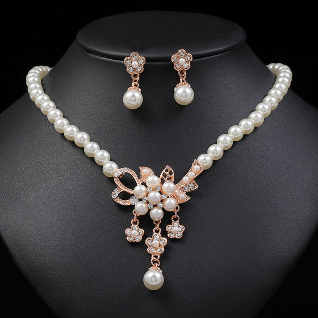 3-piece Jewelry Set, Floral Women's Pearl Earrings, Necklace Decoration Suitable for Women To Attend Parties