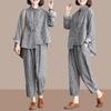 Set Primavera Autunno Donna Retrò Letterario Taglia Grande Cardigan Sottile Pantaloni Larghi Casual Righe Moda