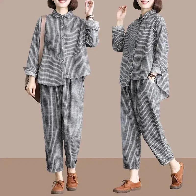 Set Primavera Autunno Donna Retrò Letterario Taglia Grande Cardigan Sottile Pantaloni Larghi Casual Righe Moda