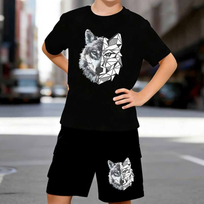 

Boys 2 Piece Cute wolf head printed Outfit, Short Sleeve T-Shirt and Shorts Set for Kids Age 5-14,White Sporty Casual Summer Clothes 5-6 Years чёрный