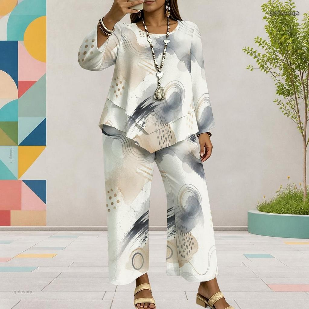 Women Plus Size Printed Round Neck Long Sleeve Layered Top Wide Leg Cropped Pants Two Piece Set