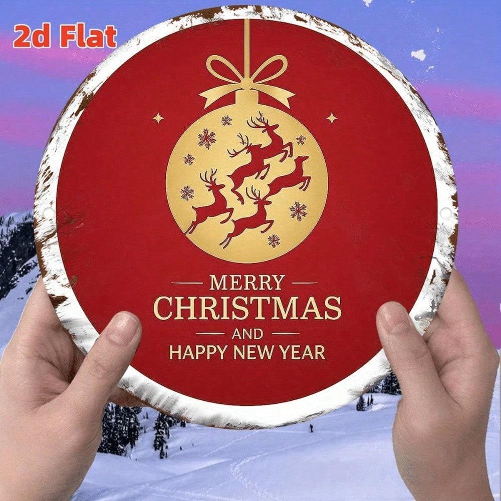 

Vintage Merry Christmas Tin Sign 2D Round Metal Wall Art Reindeer Snowflakes Golden Bow Rustic Home Decor 20x20 різнокольоровий