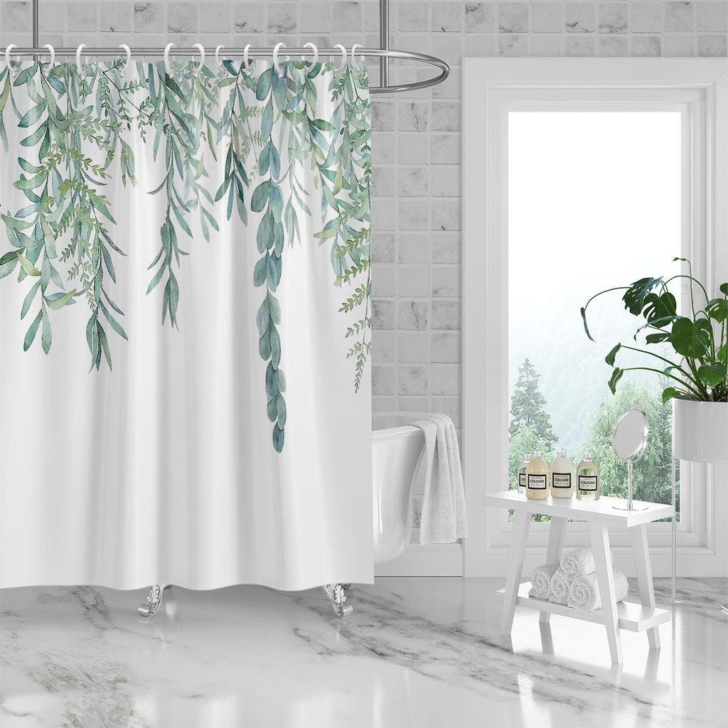 Green Leaf Vine Waterproof Mildew-resistant Shower Curtain, Punch-free Blackout Curtain - Polyester.
