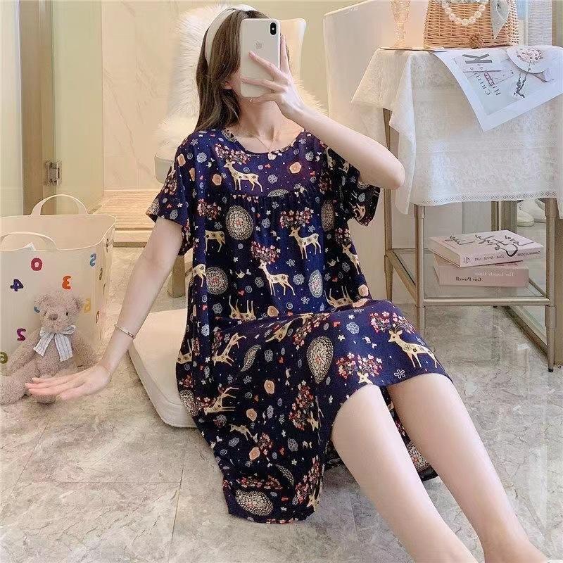 Women's Short Sleeve Women's Cotton Silk Nightgown Printed Summer Nightdress Home Clothes