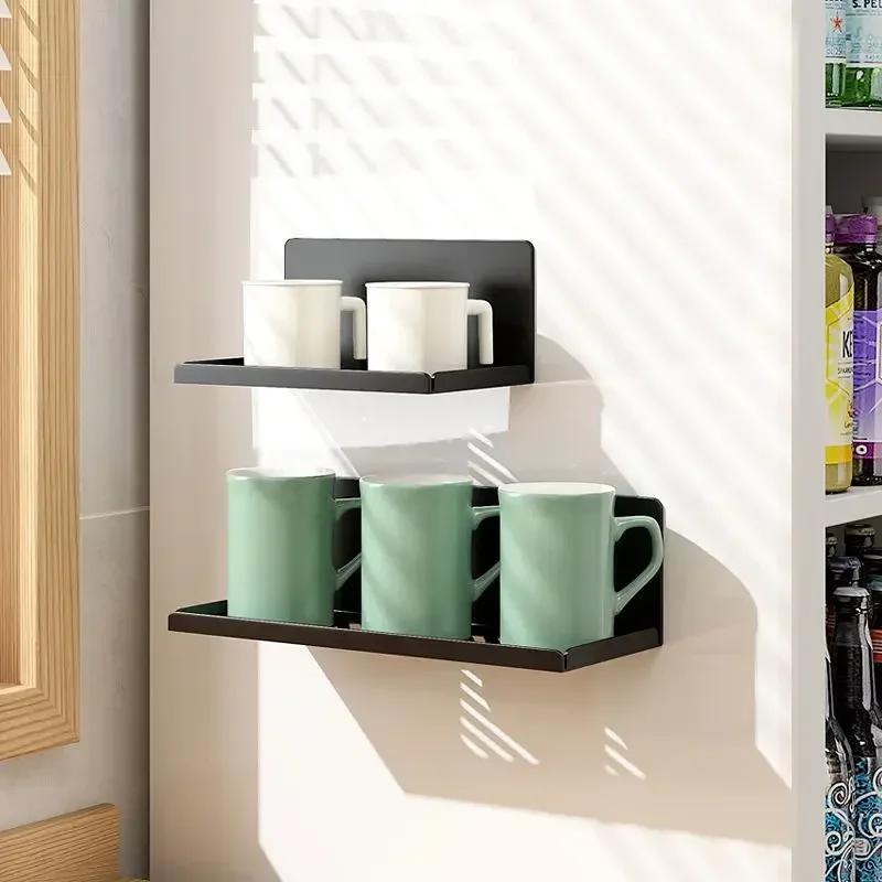 Kitchen Fridge Organizer Rack Magnetic Refrigerator Storage Shelf Wall Mounted Spice Rack Punch-Free Hanging Water Cup Holder