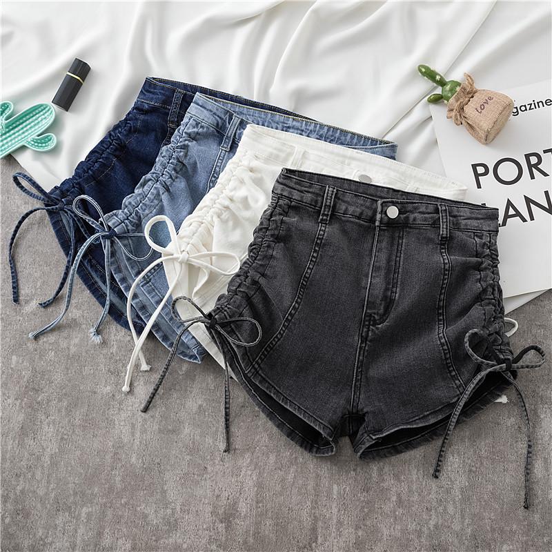 High-Waist Elastische Jeans-Shorts: Damen 2022 Sommer Schlank geschnitten A-Linie Kordelzug Weites Bein Design