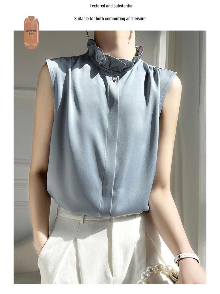 Silky Lotus Leaf Lace Collar Sleeveless Top for Women - Spring/Summer Fashion Layering Essential