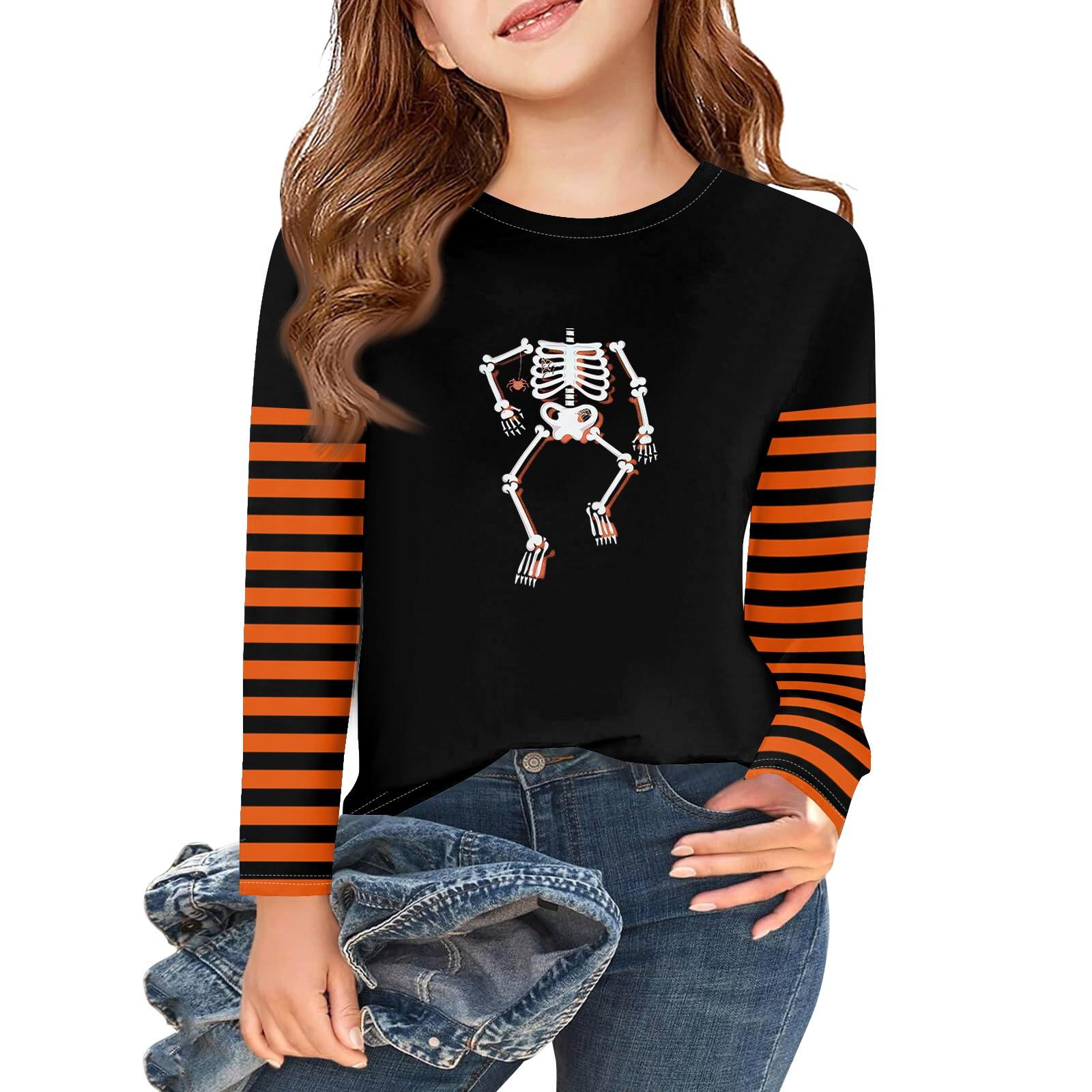 

Футболки с длинным рукавом для девочек на Хэллоуин, детские осенние топы с круглым вырезом, базовые футболки 2-11 лет 160 чёрный