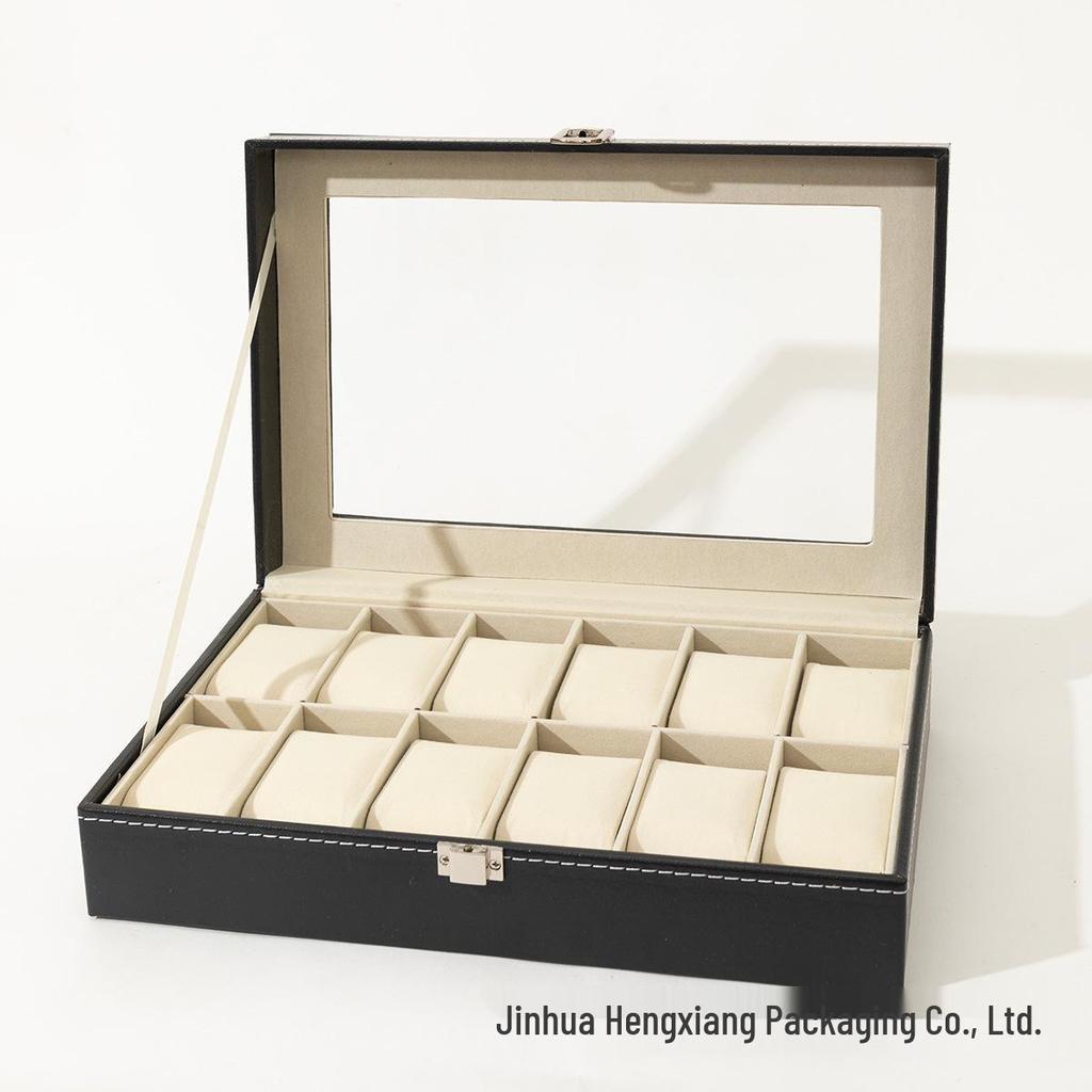 Schwarze Leder-Uhrenaufbewahrungsbox mit 12 Fächern und Perforationsmuster
