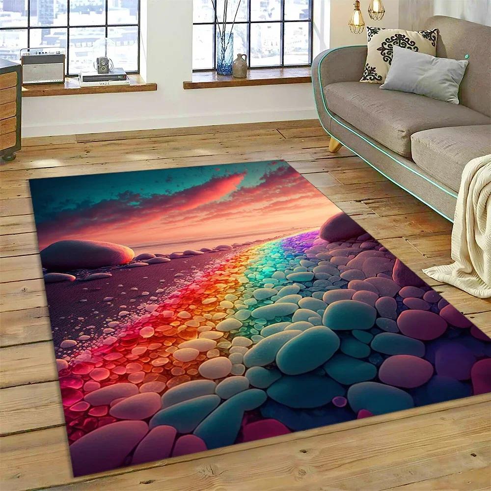 2025 New Style Colorful Pebble Rainbow Road Beach Stone Nature Carpet Rug for Living Room Bedroom Home Sofa,Non-slip Floor Mat