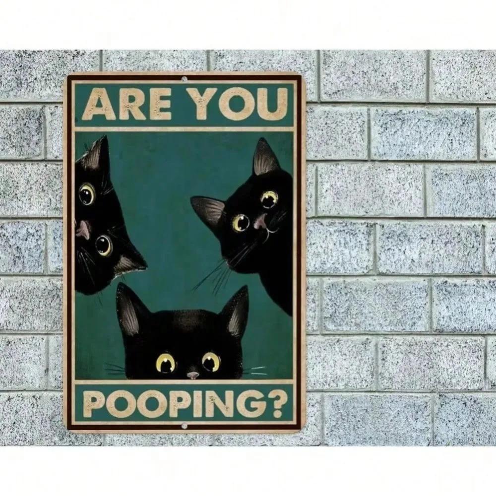 Funny Black Cat Bathroom Metal Sign Are You Pooping Halloween Decor 8x12 Aluminum Wall Art