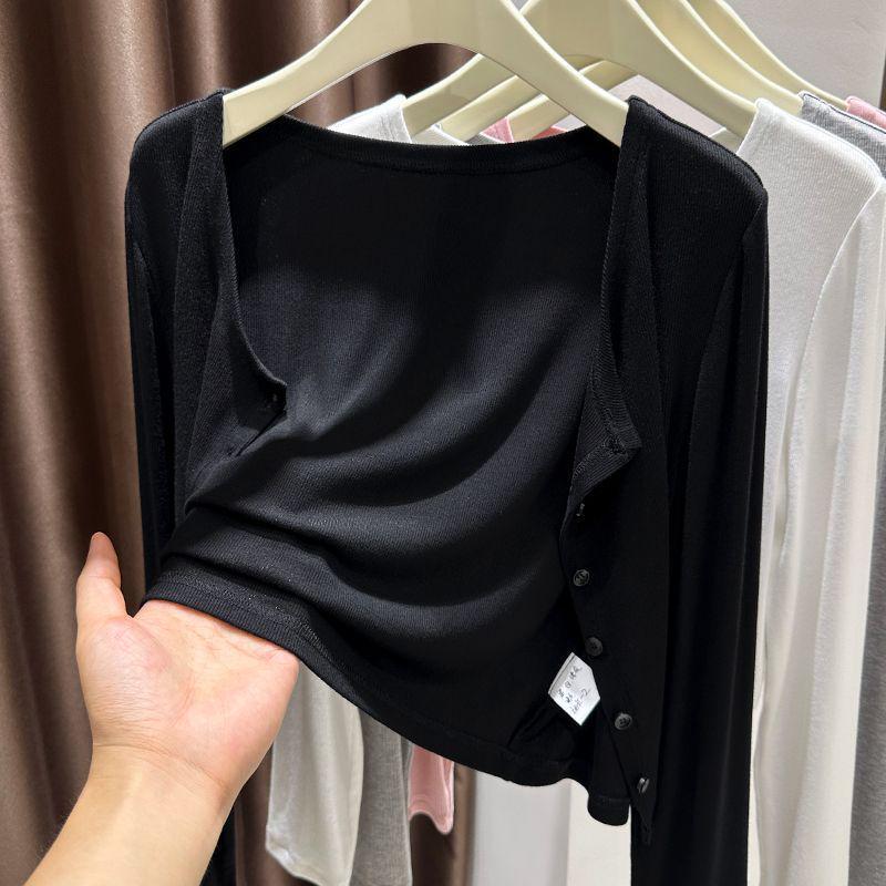 Women's Black Modal Sunscreen Cardigan - Summer Outerwear, Shawl, Ice Silk Knitted Jacket for Air-Conditioned Rooms.