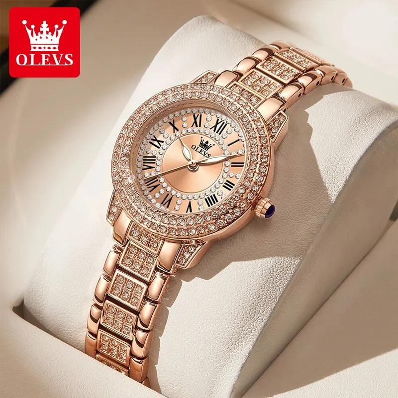 OLEVS Women's Watches Fashion Original Quartz Wrist Watch for Ladies Roman Dial Dazzling Diamond Waterproof Luminous Luxury New