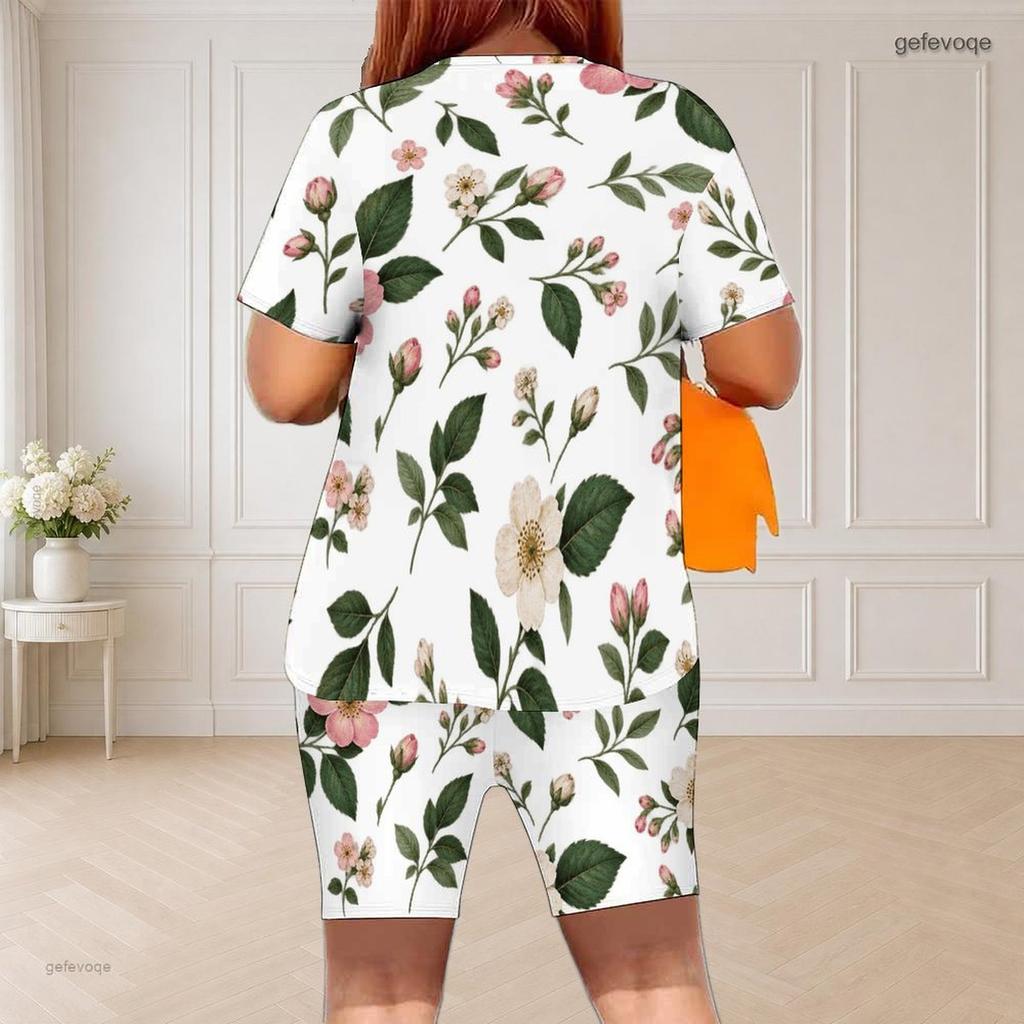 Women Plus Size Round Neck Short Sleeve Floral Printed White Two Piece Fitted Shorts Set