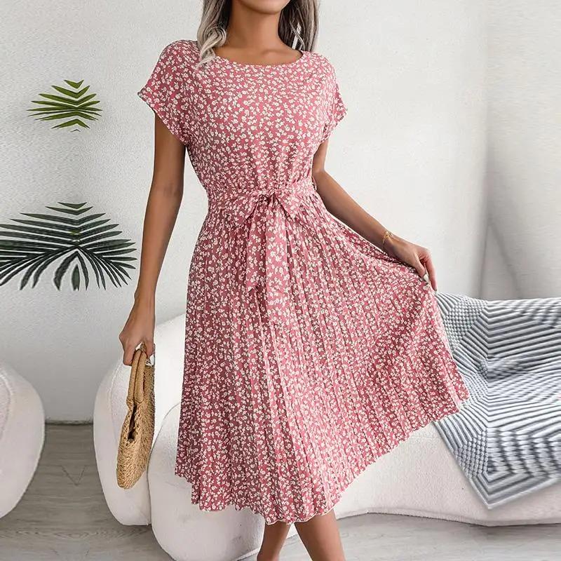 Damen Frühling Sommer Kurzarm Hohe Taille Schickes Kleid Mode Blumenmuster Plissee A-Linie Langes Kleid