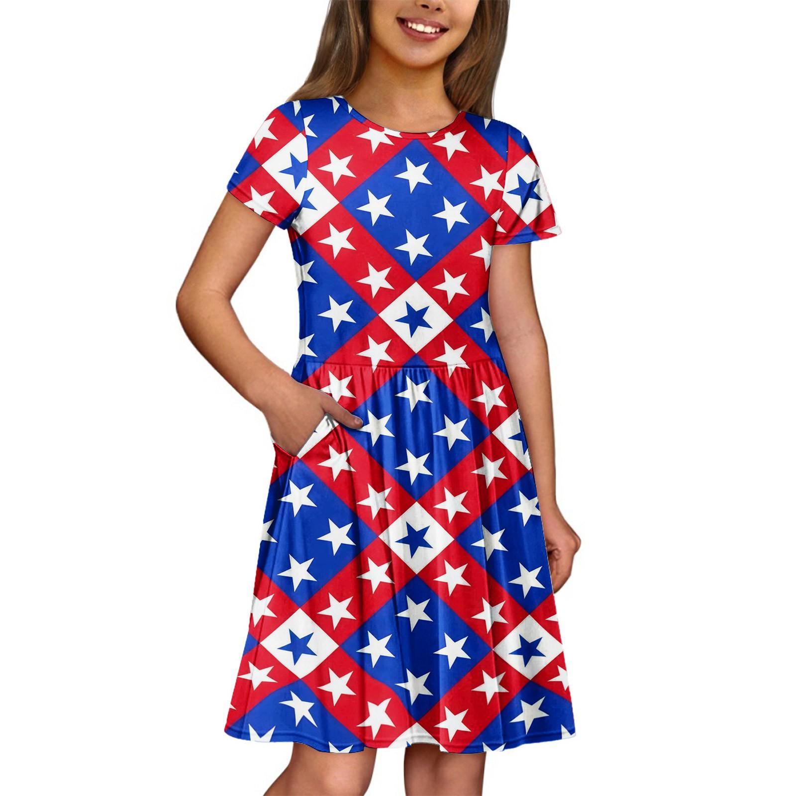 

Летнее платье для девочек, однотонное платье без рукавов с принтом и карманом, повседневное платье, вечернее платье с короткими рукавами 140