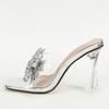 Fashion Silver Sequined Butterfly Knot Women Transparent Slippers Summer Square Toe Clear High Heels Sandals Female Shoes