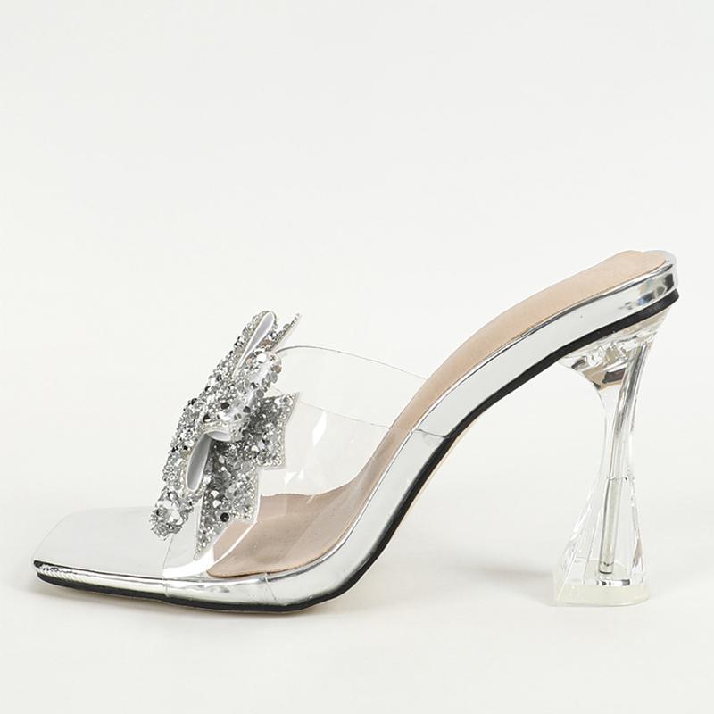 Fashion Silver Sequined Butterfly Knot Women Transparent Slippers Summer Square Toe Clear High Heels Sandals Female Shoes