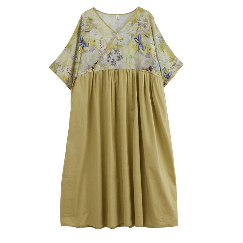 Kurzarm Plus Size Baumwolle Vintage Blumenmuster Neu in Kleidern für Damen lässig locker langes Sommerkleid