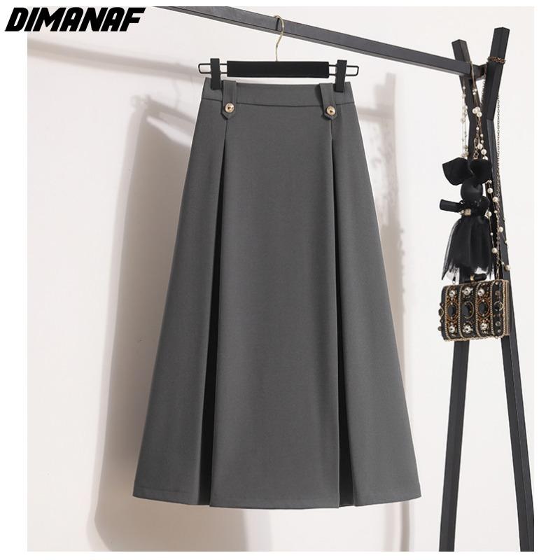 DIMANAF 2024 Spring Summer Plus Size Damkjolar Lös resår i midjan Oversize Mode A-Line solida veckade långa kjolar