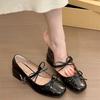 French Bow Square Head Mary Jane Shoes Women's 2025 Spring New with Skirt Evening Single Shoes Thick Heel Small Leather Shoes