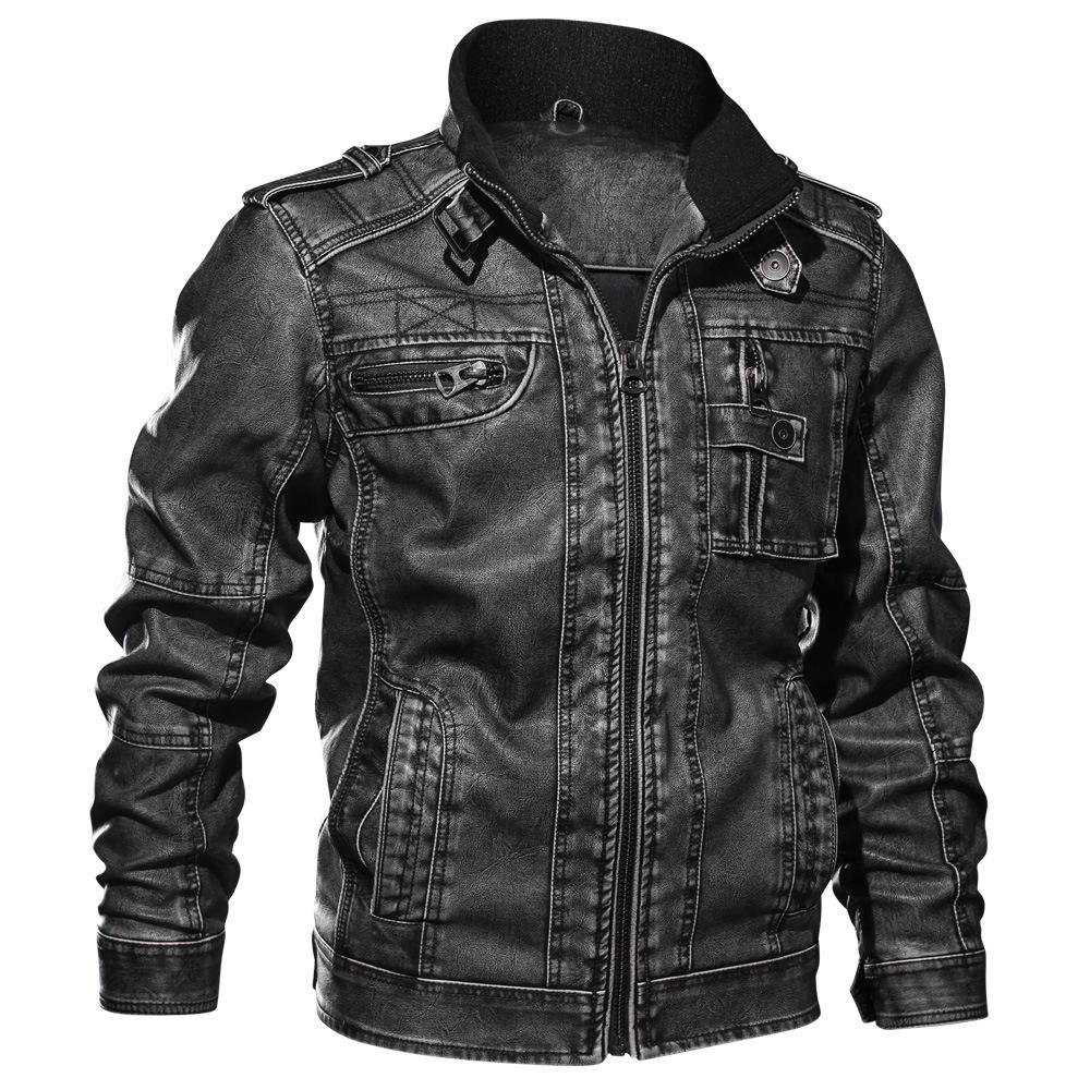 PU Leather Men's Large Size Autumn and Winter Jacket Casual Washed Leather Jacket Stand Collar Jacket Motorcycle Clothing