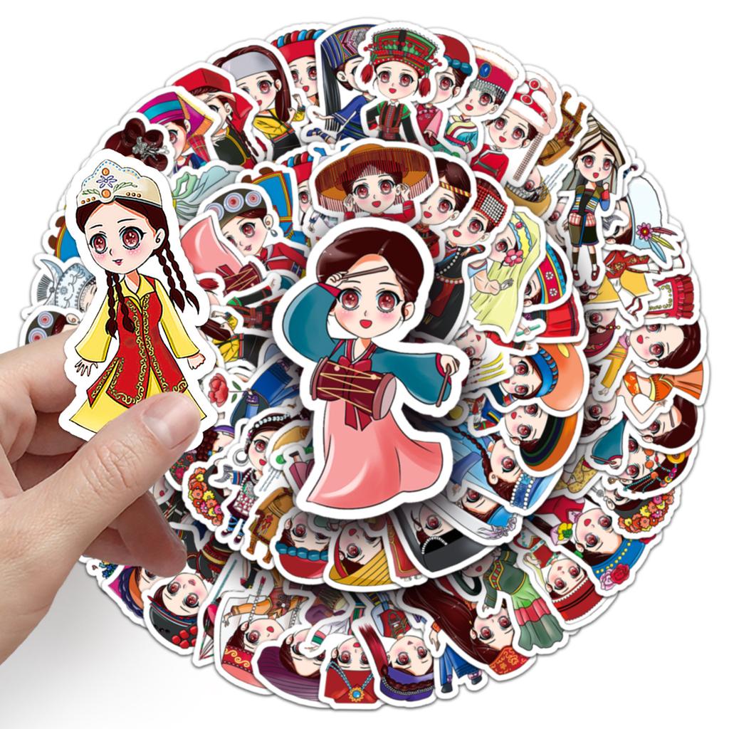 56 Creative Stickers of 56 Ethnic Groups In Chinese Style Traditional Ethnic Minority Clothing Girl Hand Tent Guka Stickers