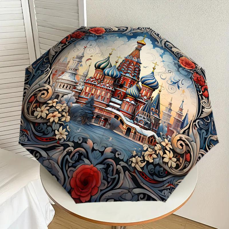 1PC Moscow, Architecture Umbrella-8-Rib Reinforced, Automatic Open, Lightweight & Durable, Cute Fashion Accessory for Outdoor, Beach, or Casual Use, B