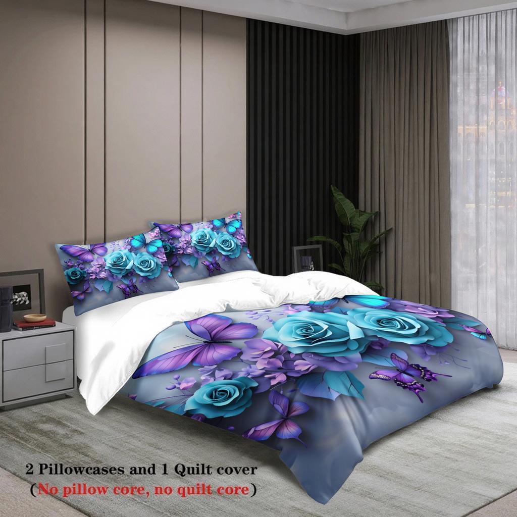 3pcs Butterfly And Rose Bedding Sets 3D Printed Floral Pattern Duvet Cover Sets With Pillowcases No Filling Vivid Visual Style