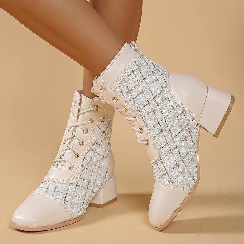 Fashion Fashion Women's Chunky Heels Ankle Boots Autumn Winter Lace Up Square Toe Short Boots Woman Patchwork High Heel Botas Mujer 2025