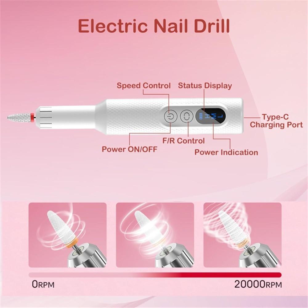 Portable Nail Drill Electric File Rechargeable Nail File with Bits for Acrylic Gel Removing Nails for Manicure Salon Home