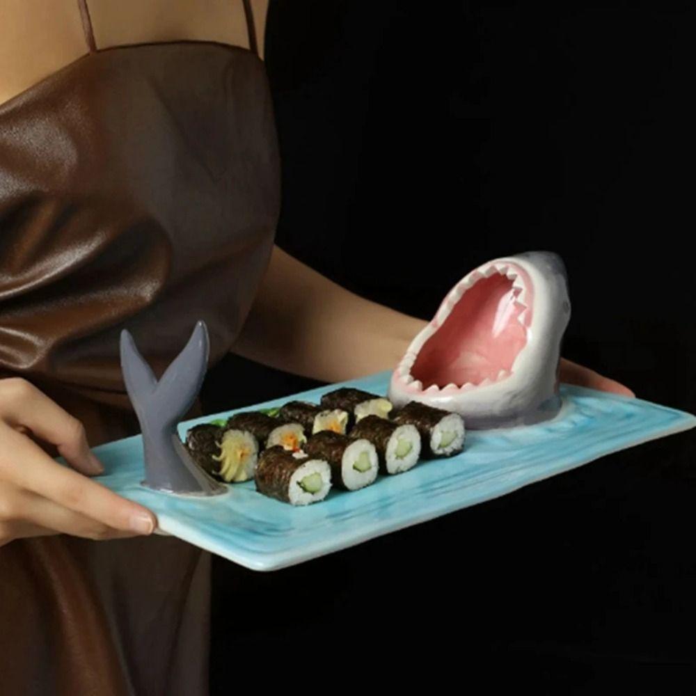 Creative Gift Shark Shape Sushi Plate Rectangle Ceramic Dumpling Plate Funny Decorative Cheese Board Dining Table Kitchen