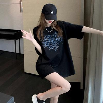 Black Cotton Short-sleeved T-shirt Women's New Summer European Goods Large Version Ins Tide Medium and Long Loose T-shirt Top