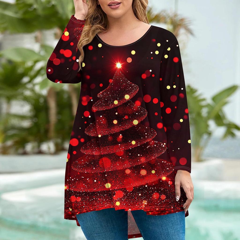 Damenmode Große Größe Rundhals Langarm Lässig Weihnachtsdruck Lose Pullover Top