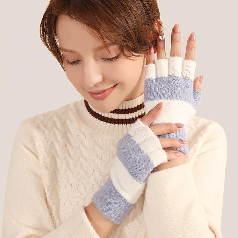Winter Women's Fashion Knitted Warm Flip Half Finger Gloves Adult Cute Striped Office Gloves Women
