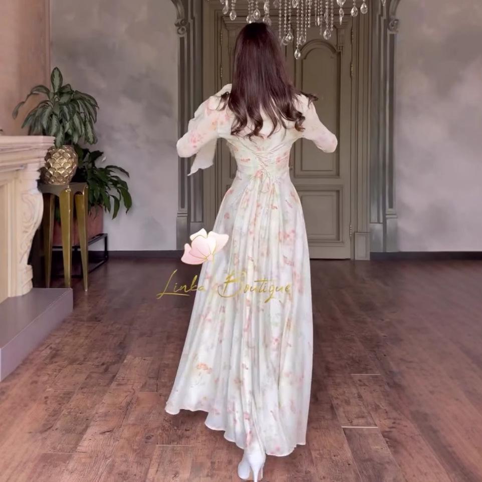 2025 Autumn French-Style Long Square Neck Printed Dress for Women