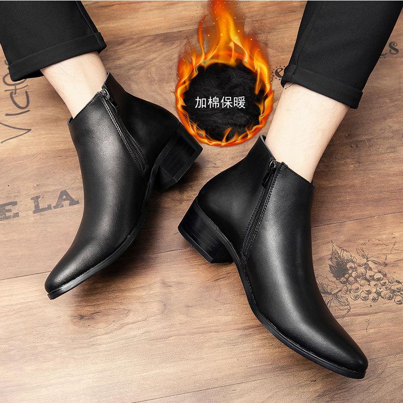 Martin Boots Leather Medium Top Pointed Fleece High Top Leather Shoes Chelsea Boots Black Hairstylist Short Boots