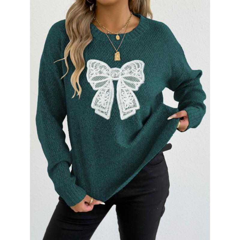 Women European Style Crew Neck Long Sleeve Butterfly Embroidery Lace Patchwork Pullover Sweater